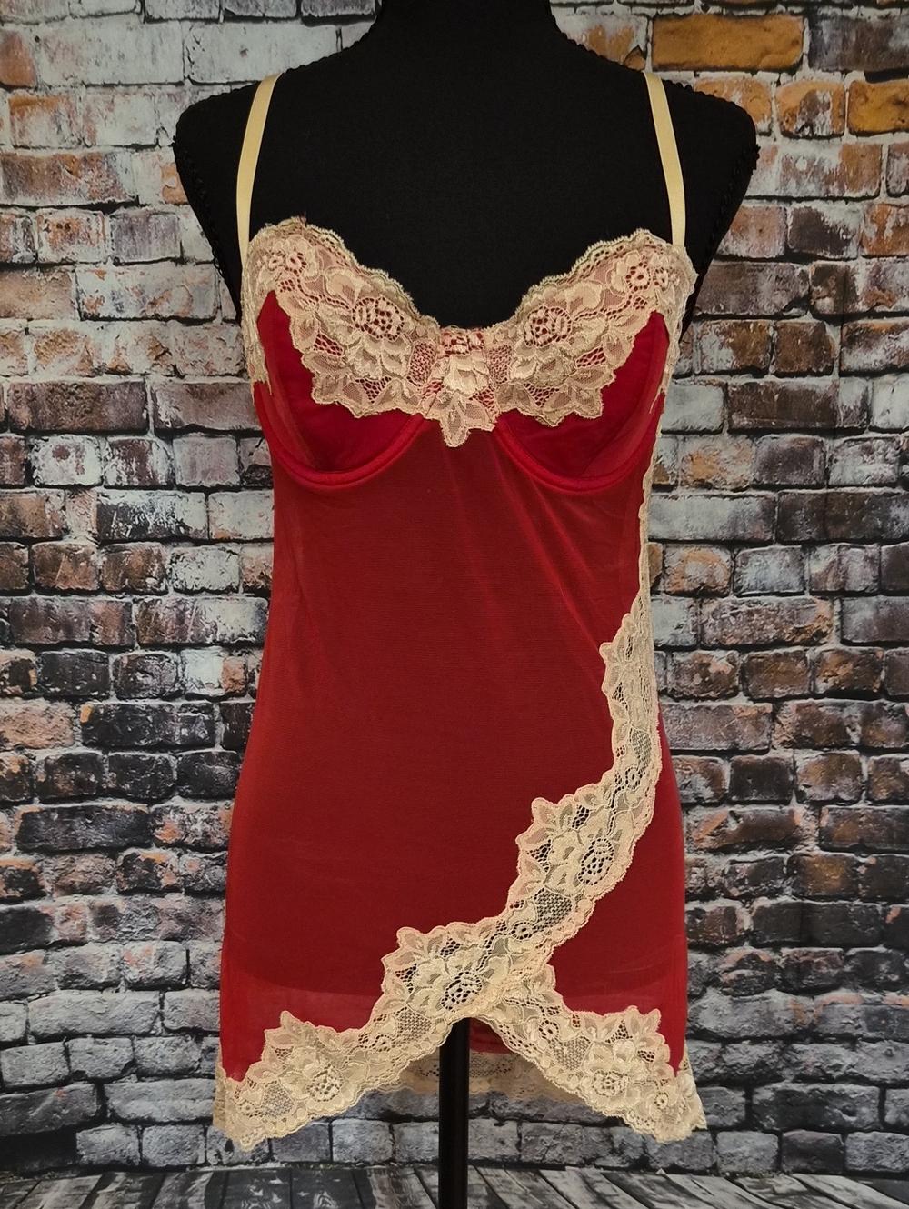 Frederick's of Hollywood Red Chemise with Beige Lace
